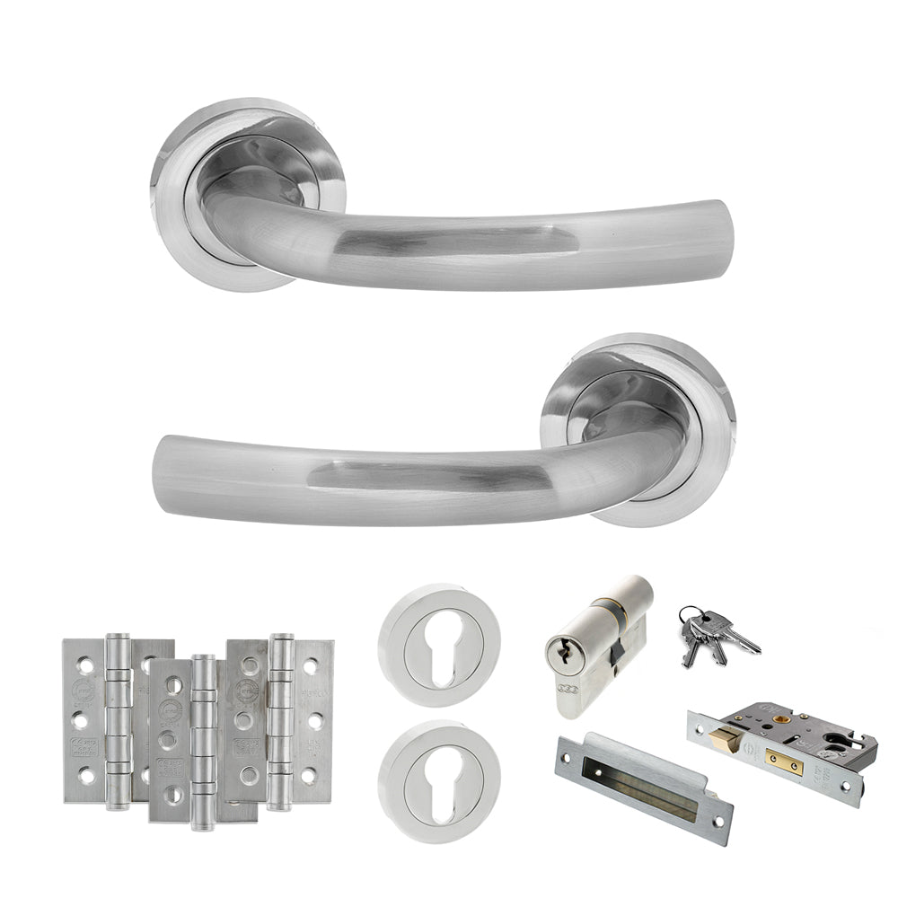 Quality image of STATUS Nevada Door Handle Pack (Euro Lock Set - 2.5" CE Sashlock, 3" Fire Rated Hinges x3) - Satin Chrome | Sku. adps21rsc20 | available from Trade Door Handles.