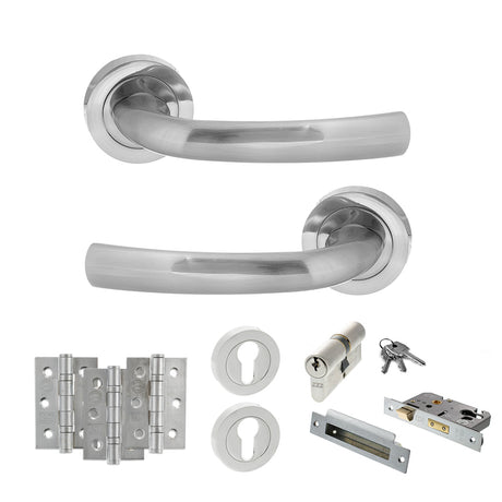 Quality image of STATUS Nevada Door Handle Pack (Euro Lock Set - 2.5" CE Sashlock, 3" Fire Rated Hinges x3) - Satin Chrome | Sku. adps21rsc20 | available from Trade Door Handles.