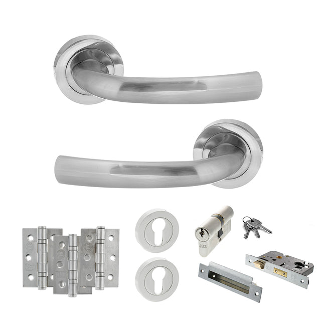 Quality image of STATUS Nevada Door Handle Pack (Euro Lock Set - 2.5" CE Sashlock, 3" Fire Rated Hinges x3) - Satin Chrome | Sku. adps21rsc20 | available from Trade Door Handles.