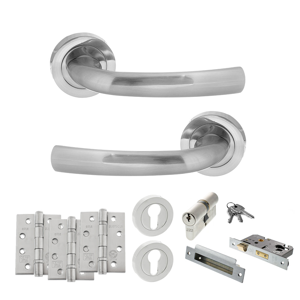 Quality image of STATUS Nevada Door Handle Pack (Euro Lock Set - 3" CE Sashlock, 4" Fire Rated Hinges x3) - Satin Chrome | Sku. adps21rsc23 | available from Trade Door Handles.