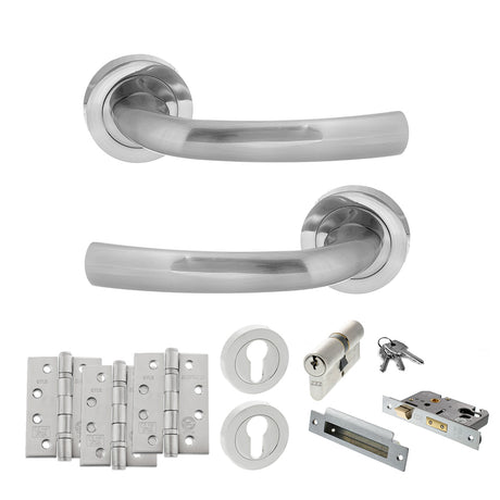 Quality image of STATUS Nevada Door Handle Pack (Euro Lock Set - 3" CE Sashlock, 4" Fire Rated Hinges x3) - Satin Chrome | Sku. adps21rsc23 | available from Trade Door Handles.