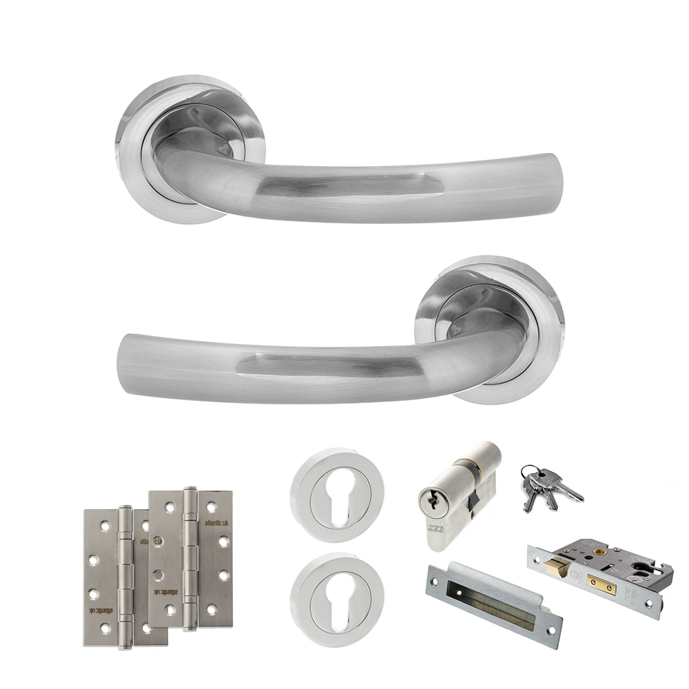 Quality image of STATUS Nevada Door Handle Pack (Euro Lock Set - 3" CE Sashlock, 4" Slim Knuckle Hinges x2) - Satin Chrome | Sku. adps21rsc25 | available from Trade Door Handles.