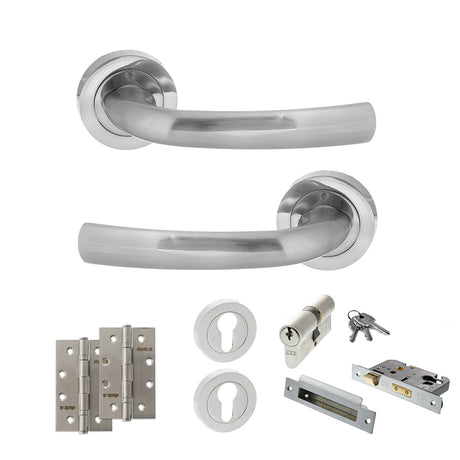 Quality image of STATUS Nevada Door Handle Pack (Euro Lock Set - 3" CE Sashlock, 4" Slim Knuckle Hinges x2) - Satin Chrome | Sku. adps21rsc25 | available from Trade Door Handles.
