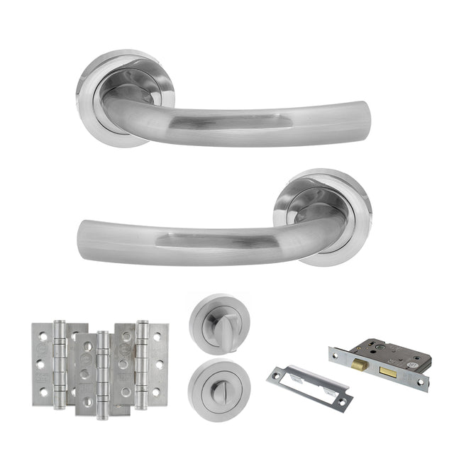 Quality image of STATUS Nevada Door Handle Pack (Bathroom Set - 3" CE Bathroom Lock, 3" Fire Rated Hinges x3) - Satin Chrome | Sku. adps21rsc9 | available from Trade Door Handles.