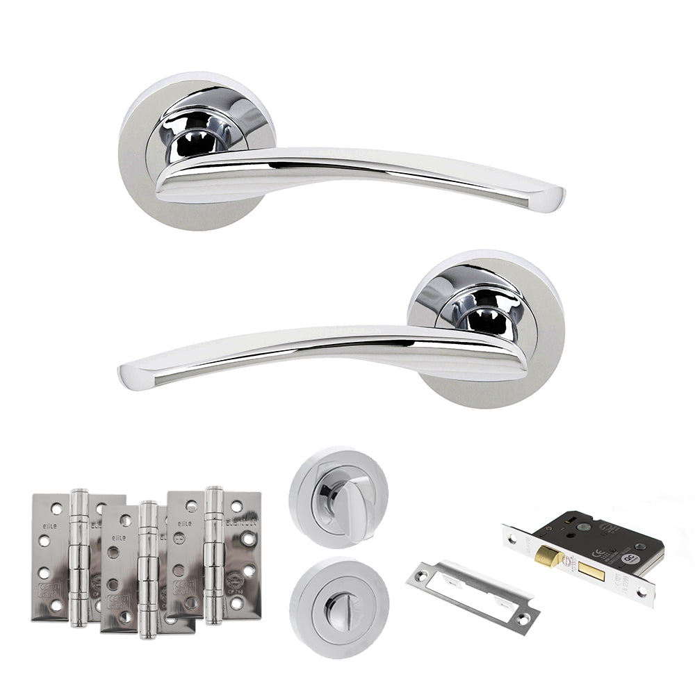 Quality image of STATUS Arizona Door Handle Pack (Bathroom Set - 2.5" CE Bathroom Lock, 4" Fire Rated Hinges x3) - Polished Chrome | Sku. adps22rpc10 | available from Trade Door Handles.