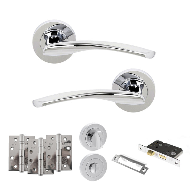 Quality image of STATUS Arizona Door Handle Pack (Bathroom Set - 3" CE Bathroom Lock, 4" Fire Rated Hinges x3) - Polished Chrome | Sku. adps22rpc11 | available from Trade Door Handles.