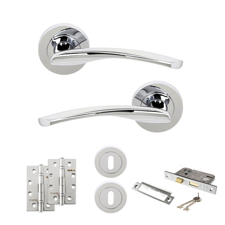 Quality image of STATUS Arizona Door Handle Pack (3 Lever Lock Set - 2.5" CE Sashlock, 4" Slim Knuckle Hinges x2) - Polished Chrome | Sku. adps22rpc18 | available from Trade Door Handles.