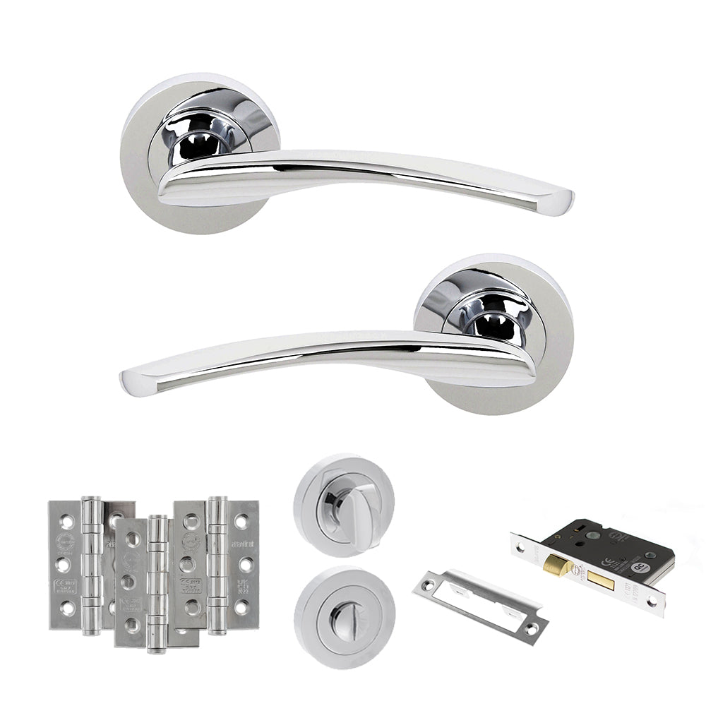 Quality image of STATUS Arizona Door Handle Pack (Bathroom Set - 3" CE Bathroom Lock, 3" Fire Rated Hinges x3) - Polished Chrome | Sku. adps22rpc9 | available from Trade Door Handles.