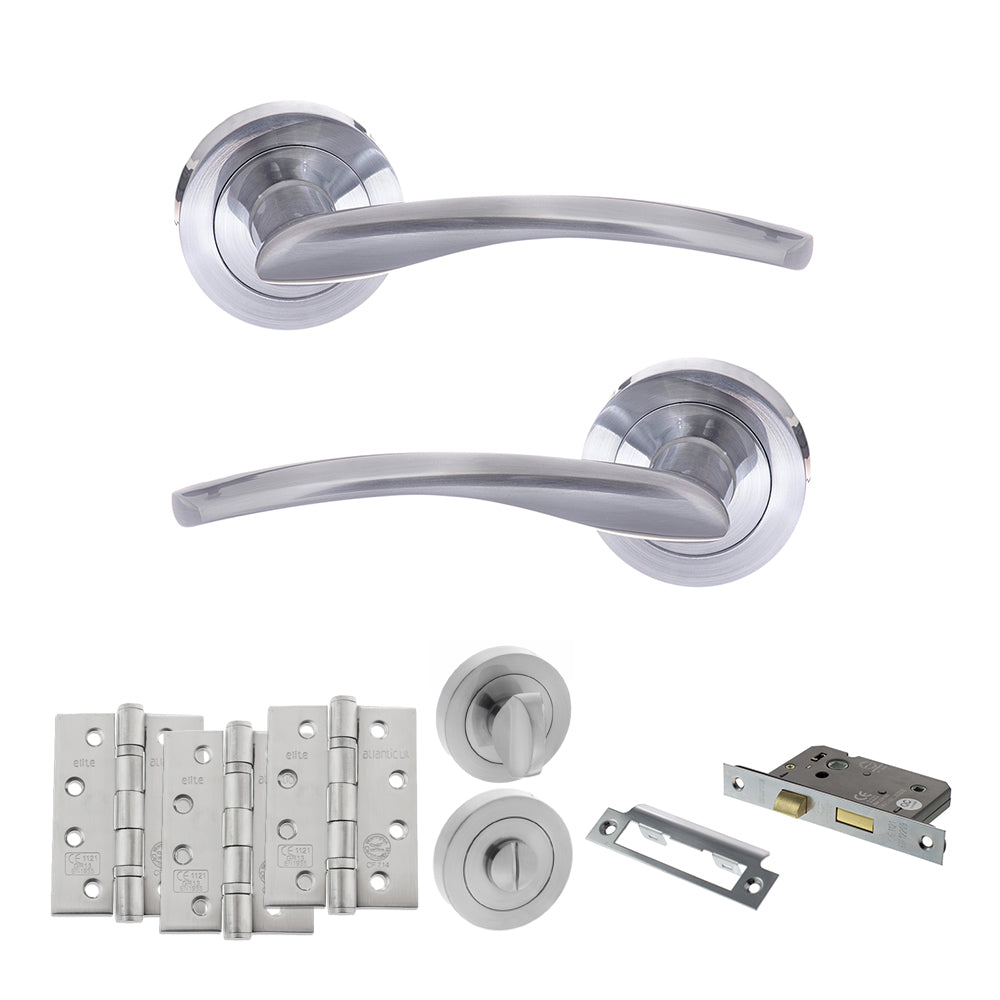 Quality image of STATUS Arizona Door Handle Pack (Bathroom Set - 2.5" CE Bathroom Lock, 4" Fire Rated Hinges x3) - Satin Chrome | Sku. adps22rsc10 | available from Trade Door Handles.