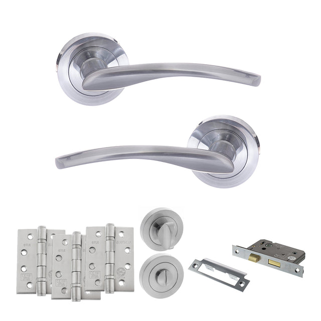 Quality image of STATUS Arizona Door Handle Pack (Bathroom Set - 3" CE Bathroom Lock, 4" Fire Rated Hinges x3) - Satin Chrome | Sku. adps22rsc11 | available from Trade Door Handles.