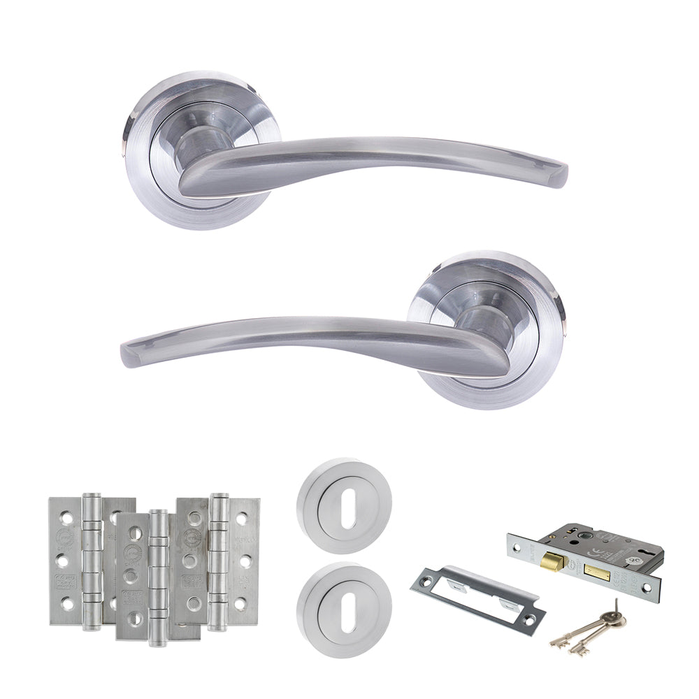 Quality image of STATUS Arizona Door Handle Pack (3 Lever Lock Set - 2.5" CE Sashlock, 3" Fire Rated Hinges x3) - Satin Chrome | Sku. adps22rsc14 | available from Trade Door Handles.