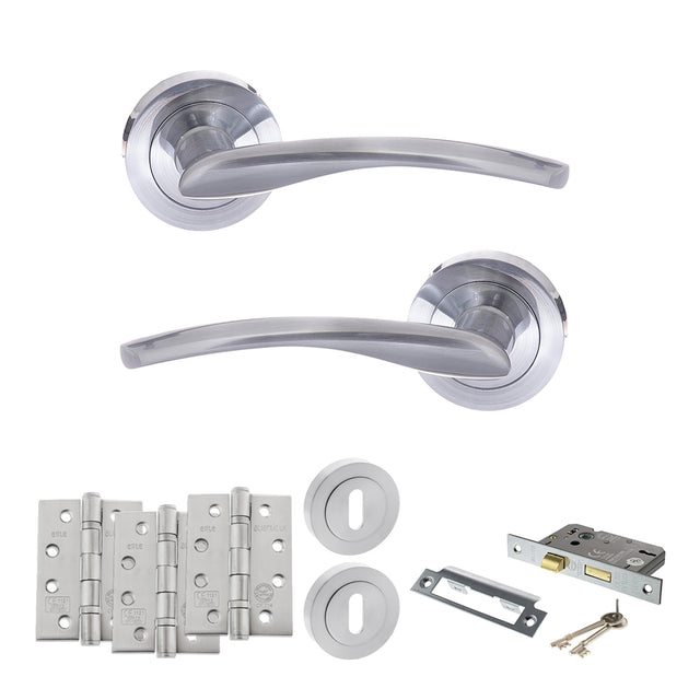 Quality image of STATUS Arizona Door Handle Pack (3 Lever Lock Set - 2.5" CE Sashlock, 4" Fire Rated Hinges x3) - Satin Chrome | Sku. adps22rsc16 | available from Trade Door Handles.