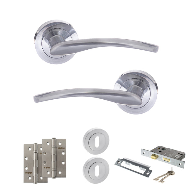 Quality image of STATUS Arizona Door Handle Pack (3 Lever Lock Set - 2.5" CE Sashlock, 4" Slim Knuckle Hinges x2) - Satin Chrome | Sku. adps22rsc18 | available from Trade Door Handles.