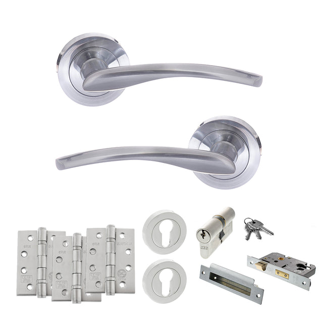 Quality image of STATUS Arizona Door Handle Pack (Euro Lock Set - 2.5" CE Sashlock, 4" Fire Rated Hinges x3) - Satin Chrome | Sku. adps22rsc22 | available from Trade Door Handles.
