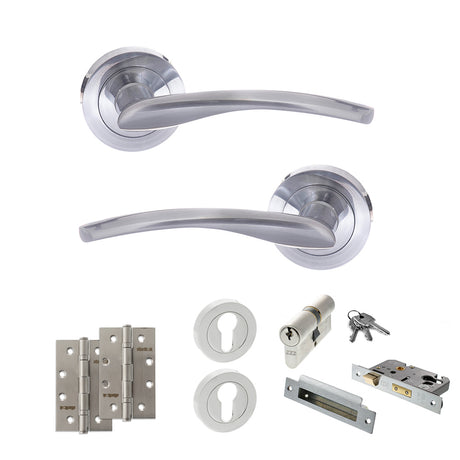 Quality image of STATUS Arizona Door Handle Pack (Euro Lock Set - 2.5" CE Sashlock, 4" Slim Knuckle Hinges x2) - Satin Chrome | Sku. adps22rsc24 | available from Trade Door Handles.