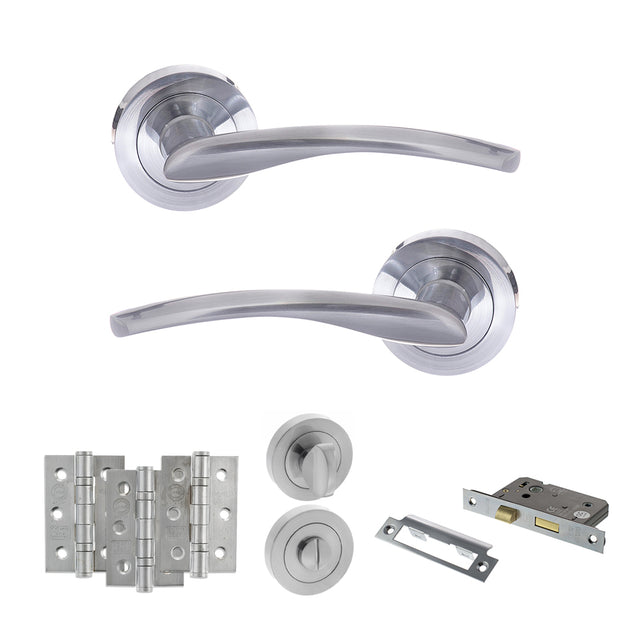 Quality image of STATUS Arizona Door Handle Pack (Bathroom Set - 2.5" CE Bathroom Lock, 3" Fire Rated Hinges x3) - Satin Chrome | Sku. adps22rsc8 | available from Trade Door Handles.