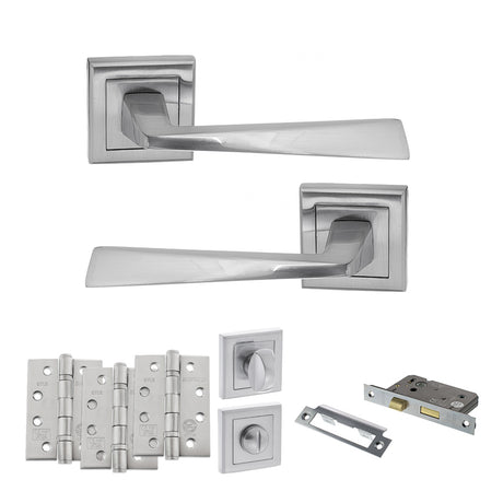 Quality image of STATUS California Door Handle Pack (Bathroom Set - 2.5" CE Bathroom Lock, 4" Fire Rated Hinges x3) - Satin Chrome | Sku. adps23ssc10 | available from Trade Door Handles.