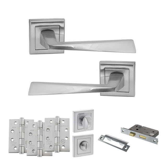 Quality image of STATUS California Door Handle Pack (Bathroom Set - 3" CE Bathroom Lock, 4" Fire Rated Hinges x3) - Satin Chrome | Sku. adps23ssc11 | available from Trade Door Handles.