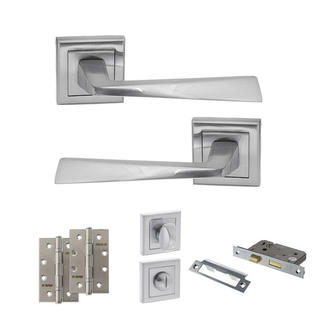 Quality image of STATUS California Door Handle Pack (Bathroom Set - 2.5" CE Bathroom Lock, 4" Slim Knuckle Hinges x2) - Satin Chrome | Sku. adps23ssc12 | available from Trade Door Handles.