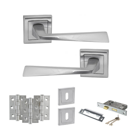 Quality image of STATUS California Door Handle Pack (3 Lever Lock Set - 2.5" CE Sashlock, 3" Fire Rated Hinges x3) - Satin Chrome | Sku. adps23ssc14 | available from Trade Door Handles.