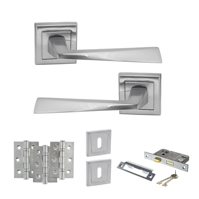 Quality image of STATUS California Door Handle Pack (3 Lever Lock Set - 3" CE Sashlock, 3" Fire Rated Hinges x3) - Satin Chrome | Sku. adps23ssc15 | available from Trade Door Handles.