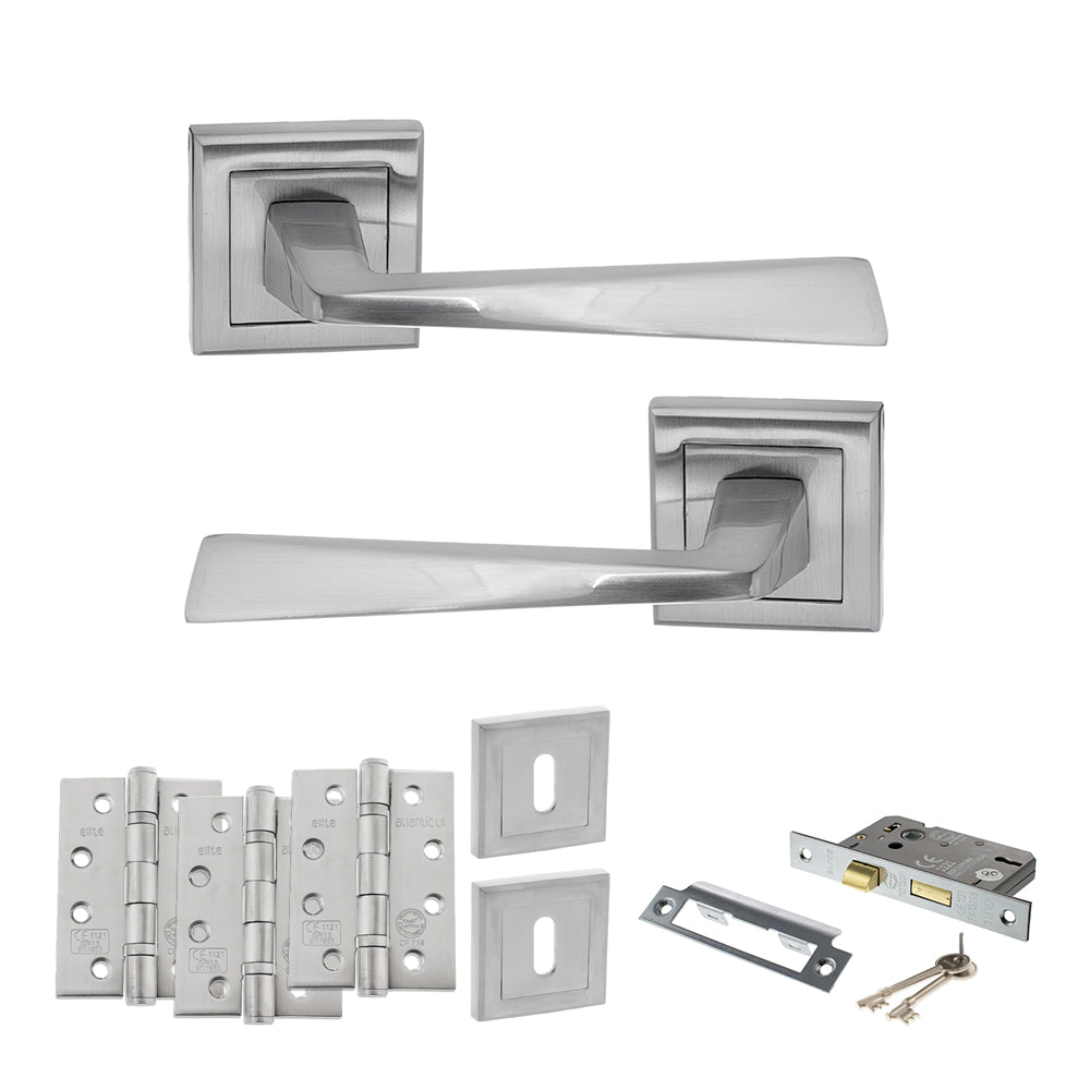 Quality image of STATUS California Door Handle Pack (3 Lever Lock Set - 2.5" CE Sashlock, 4" Fire Rated Hinges x3) - Satin Chrome | Sku. adps23ssc16 | available from Trade Door Handles.