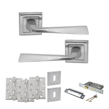 Quality image of STATUS California Door Handle Pack (3 Lever Lock Set - 2.5" CE Sashlock, 4" Fire Rated Hinges x3) - Satin Chrome | Sku. adps23ssc16 | available from Trade Door Handles.
