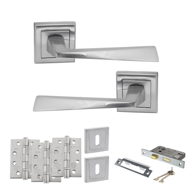 Quality image of STATUS California Door Handle Pack (3 Lever Lock Set - 2.5" CE Sashlock, 4" Fire Rated Hinges x3) - Satin Chrome | Sku. adps23ssc16 | available from Trade Door Handles.