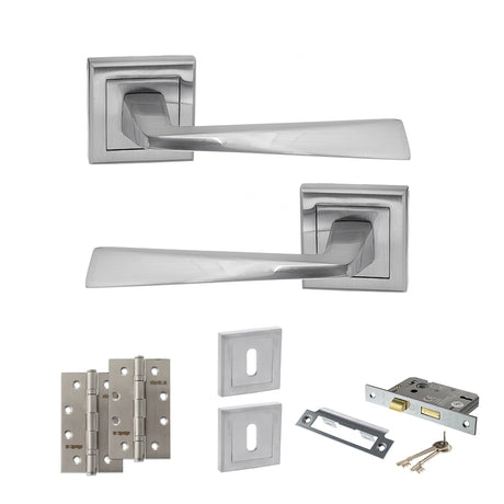 Quality image of STATUS California Door Handle Pack (3 Lever Lock Set - 2.5" CE Sashlock, 4" Slim Knuckle Hinges x2) - Satin Chrome | Sku. adps23ssc18 | available from Trade Door Handles.