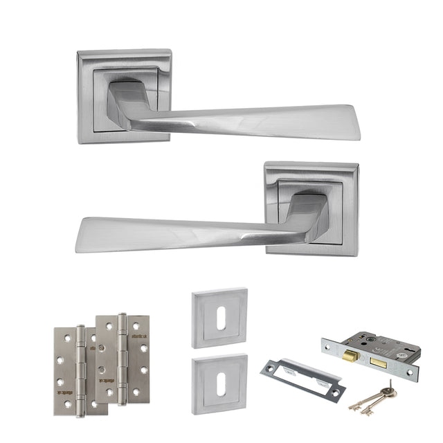 Quality image of STATUS California Door Handle Pack (3 Lever Lock Set - 3" CE Sashlock, 4" Slim Knuckle Hinges x2) - Satin Chrome | Sku. adps23ssc19 | available from Trade Door Handles.