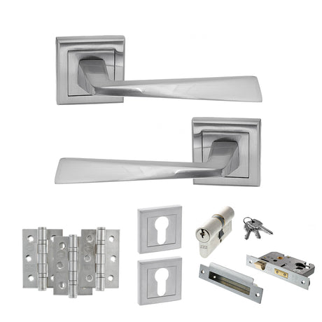 Quality image of STATUS California Door Handle Pack (Euro Lock Set - 2.5" CE Sashlock, 3" Fire Rated Hinges x3) - Satin Chrome | Sku. adps23ssc20 | available from Trade Door Handles.