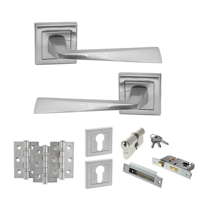 Quality image of STATUS California Door Handle Pack (Euro Lock Set - 2.5" CE Sashlock, 3" Fire Rated Hinges x3) - Satin Chrome | Sku. adps23ssc20 | available from Trade Door Handles.