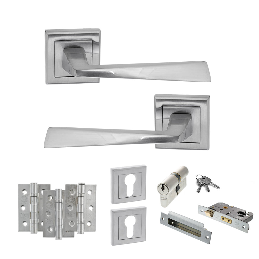 Quality image of STATUS California Door Handle Pack (Euro Lock Set - 3" CE Sashlock, 3" Fire Rated Hinges x3) - Satin Chrome | Sku. adps23ssc21 | available from Trade Door Handles.