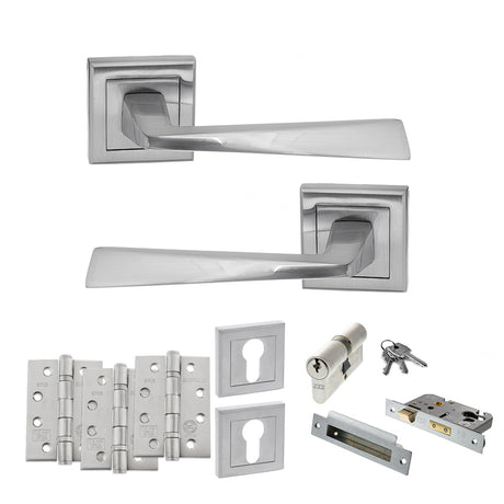 Quality image of STATUS California Door Handle Pack (Euro Lock Set - 2.5" CE Sashlock, 4" Fire Rated Hinges x3) - Satin Chrome | Sku. adps23ssc22 | available from Trade Door Handles.