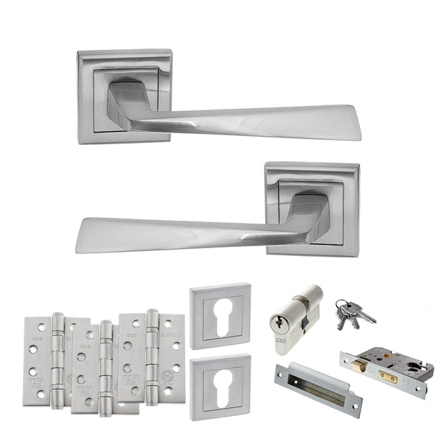 Quality image of STATUS California Door Handle Pack (Euro Lock Set - 3" CE Sashlock, 4" Fire Rated Hinges x3) - Satin Chrome | Sku. adps23ssc23 | available from Trade Door Handles.
