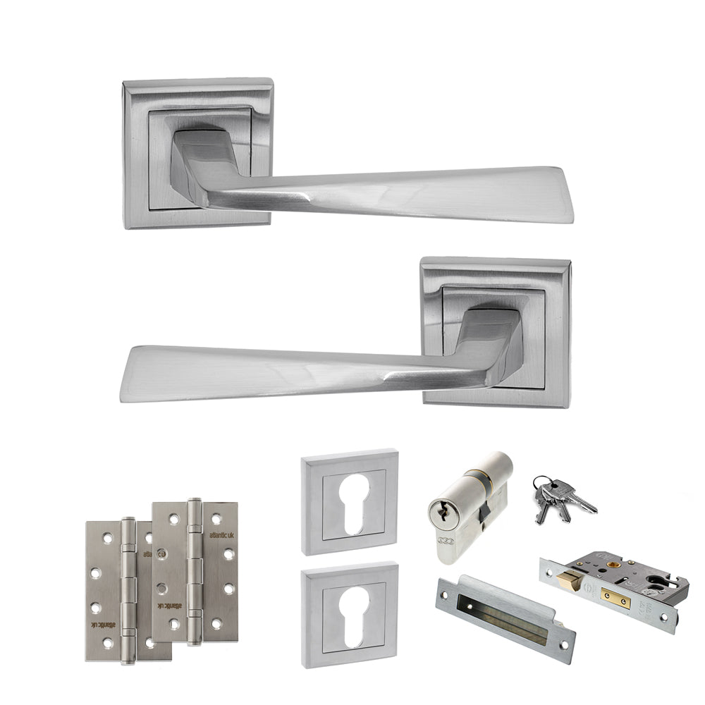 Quality image of STATUS California Door Handle Pack (Euro Lock Set - 2.5" CE Sashlock, 4" Slim Knuckle Hinges x2) - Satin Chrome | Sku. adps23ssc24 | available from Trade Door Handles.
