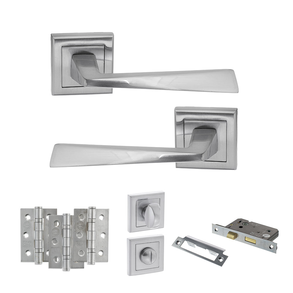 Quality image of STATUS California Door Handle Pack (Bathroom Set - 2.5" CE Bathroom Lock, 3" Fire Rated Hinges x3) - Satin Chrome | Sku. adps23ssc8 | available from Trade Door Handles.