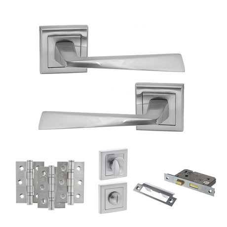 Quality image of STATUS California Door Handle Pack (Bathroom Set - 2.5" CE Bathroom Lock, 3" Fire Rated Hinges x3) - Satin Chrome | Sku. adps23ssc8 | available from Trade Door Handles.