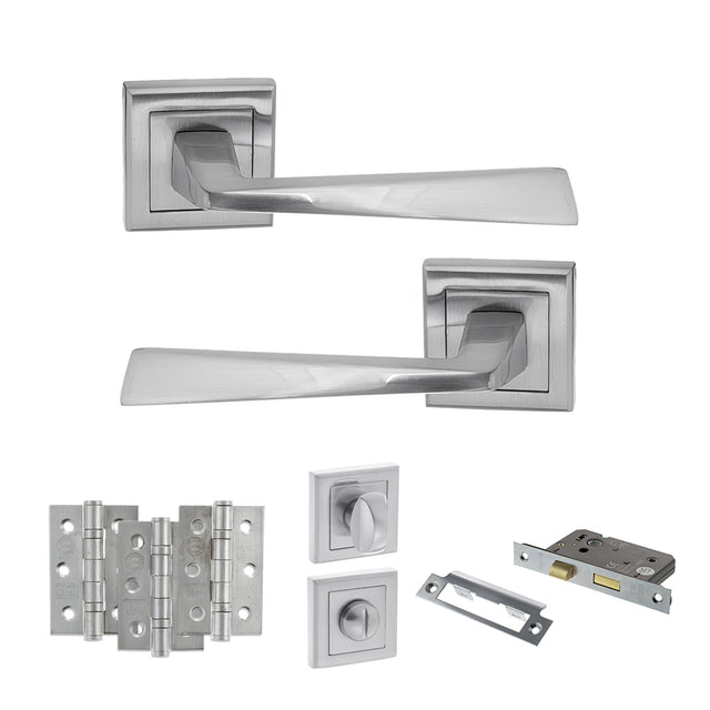 Quality image of STATUS California Door Handle Pack (Bathroom Set - 2.5" CE Bathroom Lock, 3" Fire Rated Hinges x3) - Satin Chrome | Sku. adps23ssc8 | available from Trade Door Handles.
