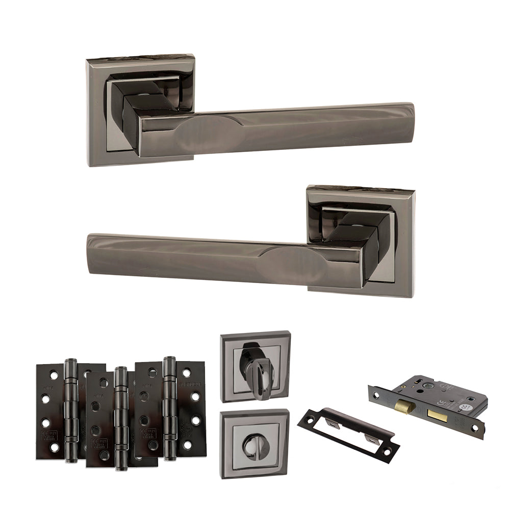 Quality image of STATUS Kansas Door Handle Pack (Bathroom Set - 2.5" CE Bathroom Lock, 4" Fire Rated Hinges x3) - Black Nickel | Sku. adps24sbn10 | available from Trade Door Handles.