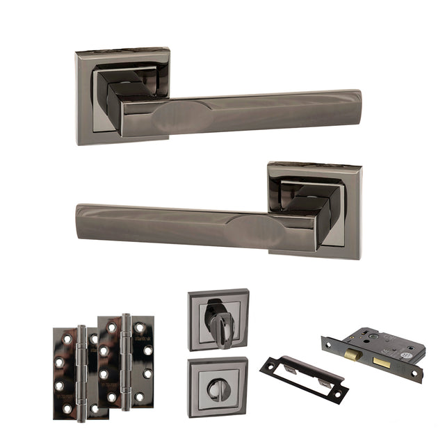 Quality image of STATUS Kansas Door Handle Pack (Bathroom Set - 3" CE Bathroom Lock, 4" Slim Knuckle Hinges x2) - Black Nickel | Sku. adps24sbn13 | available from Trade Door Handles.