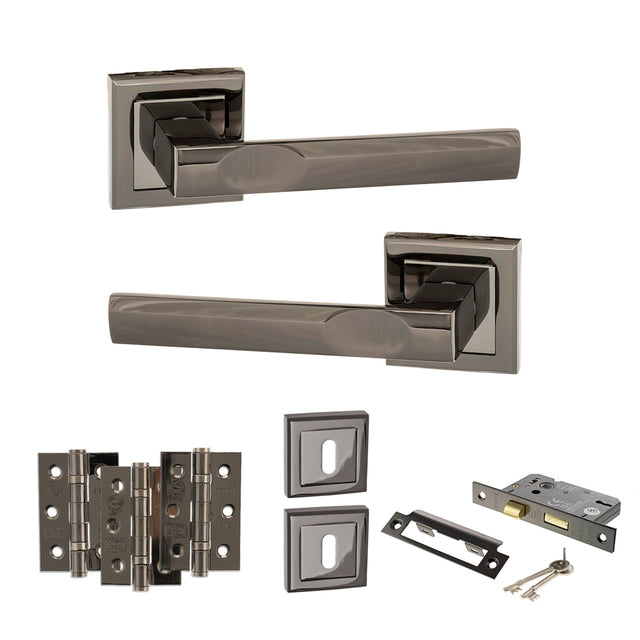 Quality image of STATUS Kansas Door Handle Pack (3 Lever Lock Set - 2.5" CE Sashlock, 3" Fire Rated Hinges x3) - Black Nickel | Sku. adps24sbn14 | available from Trade Door Handles.