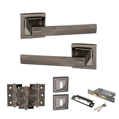 Quality image of STATUS Kansas Door Handle Pack (3 Lever Lock Set - 3" CE Sashlock, 3" Fire Rated Hinges x3) - Black Nickel | Sku. adps24sbn15 | available from Trade Door Handles.