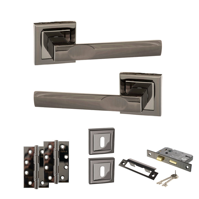 Quality image of STATUS Kansas Door Handle Pack (3 Lever Lock Set - 2.5" CE Sashlock, 4" Slim Knuckle Hinges x2) - Black Nickel | Sku. adps24sbn18 | available from Trade Door Handles.