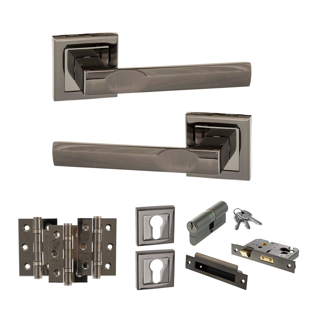 Quality image of STATUS Kansas Door Handle Pack (Euro Lock Set - 2.5" CE Sashlock, 3" Fire Rated Hinges x3) - Black Nickel | Sku. adps24sbn20 | available from Trade Door Handles.