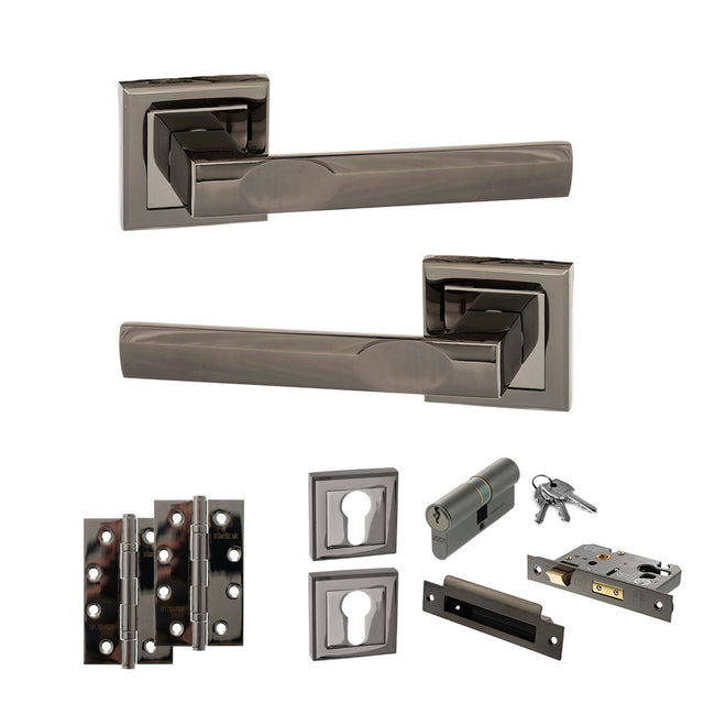 Quality image of STATUS Kansas Door Handle Pack (Euro Lock Set - 2.5" CE Sashlock, 4" Slim Knuckle Hinges x2) - Black Nickel | Sku. adps24sbn24 | available from Trade Door Handles.