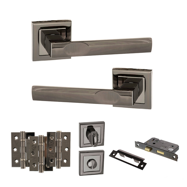 Quality image of STATUS Kansas Door Handle Pack (Bathroom Set - 3" CE Bathroom Lock, 3" Fire Rated Hinges x3) - Black Nickel | Sku. adps24sbn9 | available from Trade Door Handles.