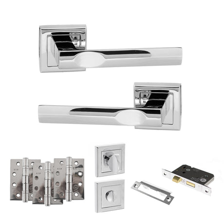 Quality image of STATUS Kansas Door Handle Pack (Bathroom Set - 2.5" CE Bathroom Lock, 4" Fire Rated Hinges x3) - Polished Chrome | Sku. adps24spc10 | available from Trade Door Handles.