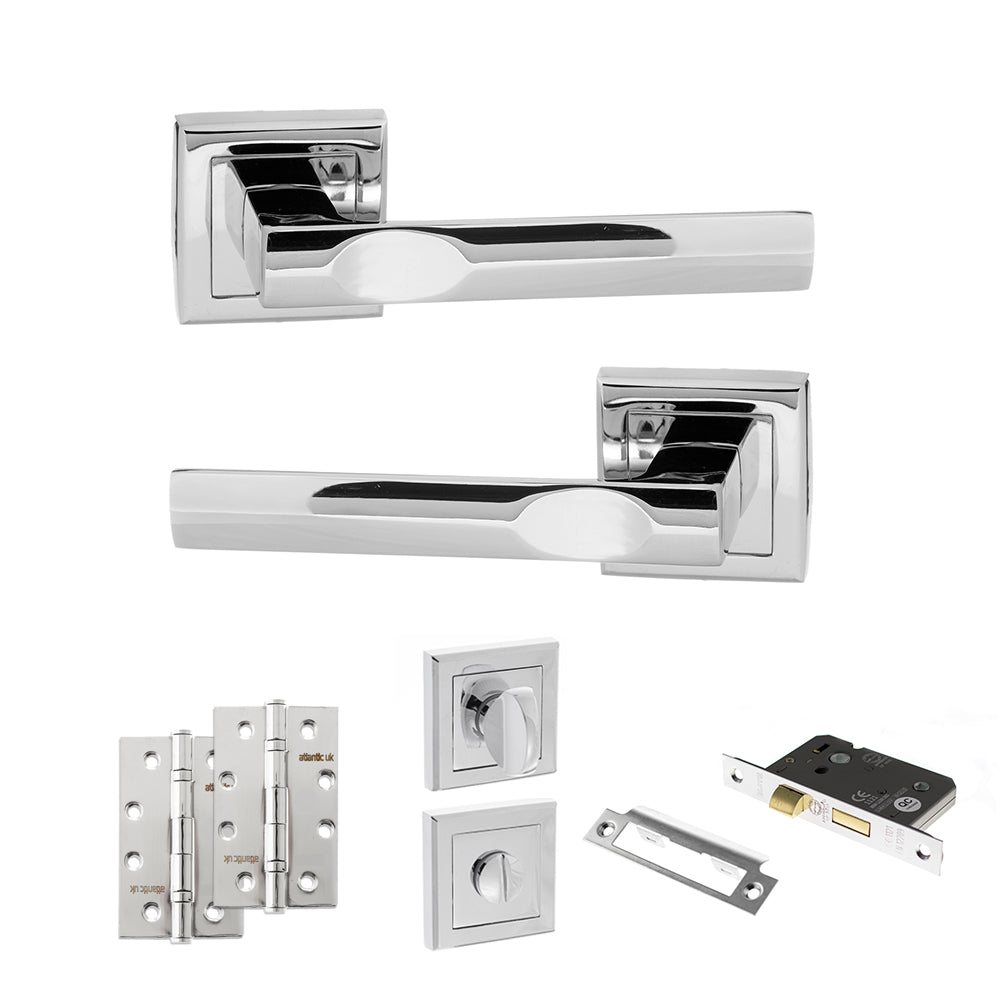Quality image of STATUS Kansas Door Handle Pack (Bathroom Set - 3" CE Bathroom Lock, 4" Slim Knuckle Hinges x2) - Polished Chrome | Sku. adps24spc13 | available from Trade Door Handles.