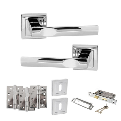 Quality image of STATUS Kansas Door Handle Pack (3 Lever Lock Set - 2.5" CE Sashlock, 4" Fire Rated Hinges x3) - Polished Chrome | Sku. adps24spc16 | available from Trade Door Handles.